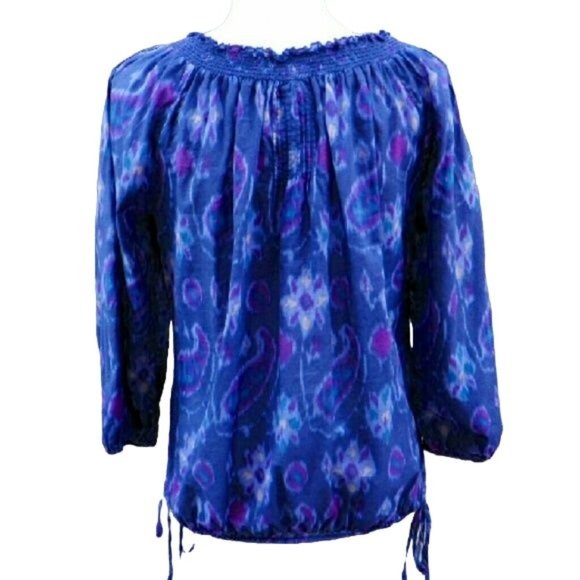 Lucky Brand M drawstring waist top ikat paisley print blue purple - Picture 3 of 4